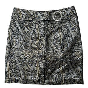 NWT Cache Vintage Black Silver Gold Metallic Mini Skirt Rhinestone Buckle Sz 6